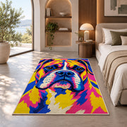 Pop Art Boxer Dog rug in a bedroom with an arched window
