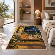 Two Dogs on Porch Swing rug in a bedroom with an arched window