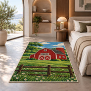 Classic Red Barn rug in a bedroom with an arched window