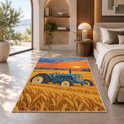 Vintage Tractor in Wheat Field rug in a bedroom with an arched window