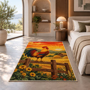 Rooster at Sunrise rug in a bedroom with an arched window