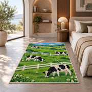 Dairy Cows by White Fence rug in a bedroom with an arched window