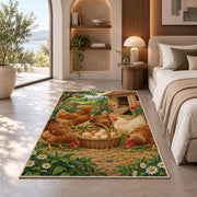 Hens and Fresh Eggs rug in a bedroom with an arched window