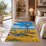 Windmill on the Prairie rug in a bedroom with an arched window