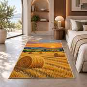 Hay Bales at Golden Hour rug in a bedroom with an arched window
