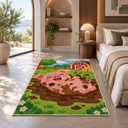 Happy Pig in Mud rug in a bedroom with an arched window