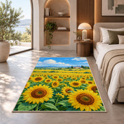 Sunflower Field Farmhouse rug in a bedroom with an arched window
