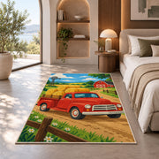 Red Pickup with Hay Bales rug in a bedroom with an arched window
