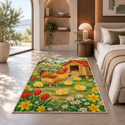 Spring Chicken Coop rug in a bedroom with an arched window