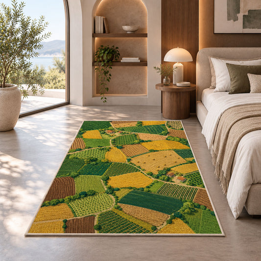 Patchwork Farm Fields Aerial rug in a bedroom with an arched window