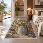 Milk Can with Wildflowers rug in a bedroom with an arched window