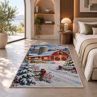 Snowy Farm at Christmas rug in a bedroom with an arched window