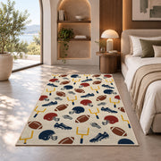Football Gear Pattern rug in a bedroom with an arched window