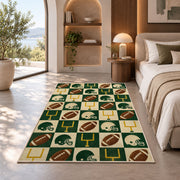Checkered Football rug in a bedroom with an arched window