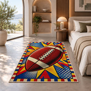 Pop Art Football rug in a bedroom with an arched window