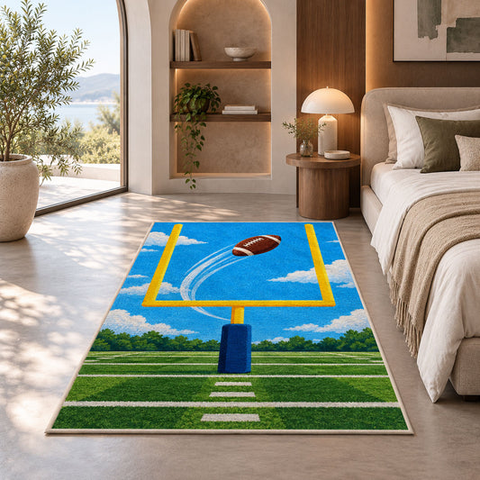 Field Goal Kick rug in a bedroom with an arched window