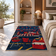 Football Tailgate Party rug in a bedroom with an arched window