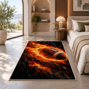Flaming Football rug in a bedroom with an arched window