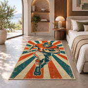 Retro Football Player rug in a bedroom with an arched window