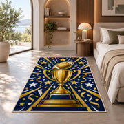 Football Championship Trophy rug in a bedroom with an arched window