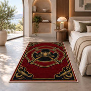 Vintage Firefighter Badge rug in a bedroom with an arched window