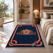 Fire Hose Frame Helmet rug in a bedroom with an arched window