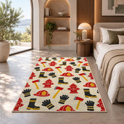 Firefighter Gear Pattern rug in a bedroom with an arched window
