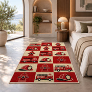 Retro Checkered Fire Truck rug in a bedroom with an arched window