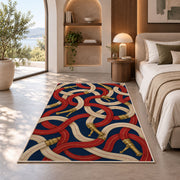 Fire Hose Pattern rug in a bedroom with an arched window