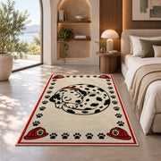 Sleeping Dalmatian rug in a bedroom with an arched window