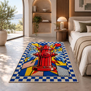 Pop Art Fire Hydrant rug in a bedroom with an arched window