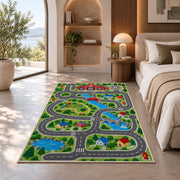 Fire Station Town Road rug in a bedroom with an arched window