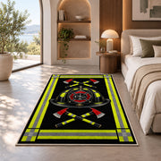 Reflective Stripe Fire Helmet rug in a bedroom with an arched window