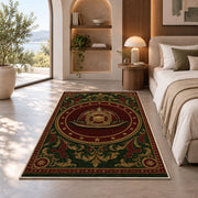Vintage Fire Helmet Medallion rug in a bedroom with an arched window