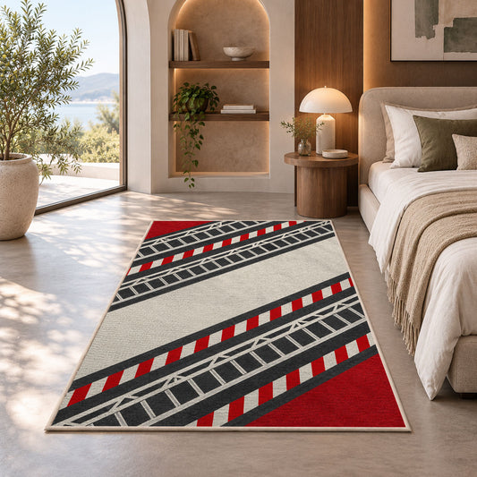 Fire Ladder Stripe rug in a bedroom with an arched window