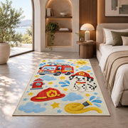 Cute Fire Truck and Dalmatian rug in a bedroom with an arched window