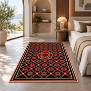 Maltese Cross Lattice rug in a bedroom with an arched window
