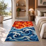 Fire and Water Waves rug in a bedroom with an arched window