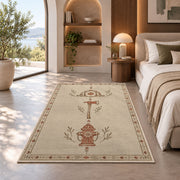 Minimalist Firefighter Line Art rug in a bedroom with an arched window