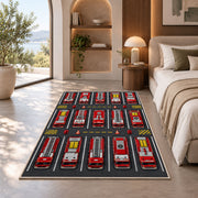 Fire Truck Parking Lot rug in a bedroom with an arched window
