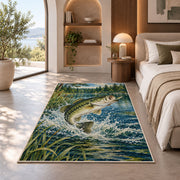 Leaping bass lake rug in a bedroom with an arched window