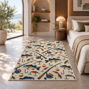 Fishing gear pattern rug in a bedroom with an arched window