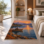 Sunrise fishing boat rug in a bedroom with an arched window