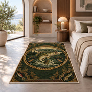 Vintage bass badge rug in a bedroom with an arched window