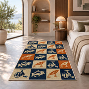 Retro fishing checkered rug in a bedroom with an arched window
