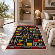 Tackle box rug in a bedroom with an arched window