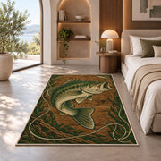 Woodcut bass rug in a bedroom with an arched window