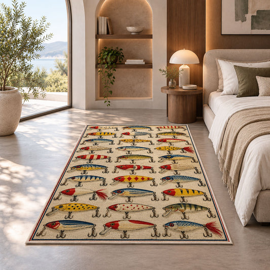 Vintage lure collection rug in a bedroom with an arched window
