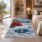 Ice fishing rug in a bedroom with an arched window