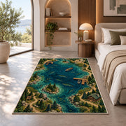 Fishing lake map rug in a bedroom with an arched window